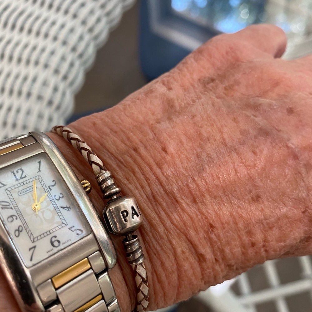 Pandora champagne braided leather wrap bracelet with silver clasp